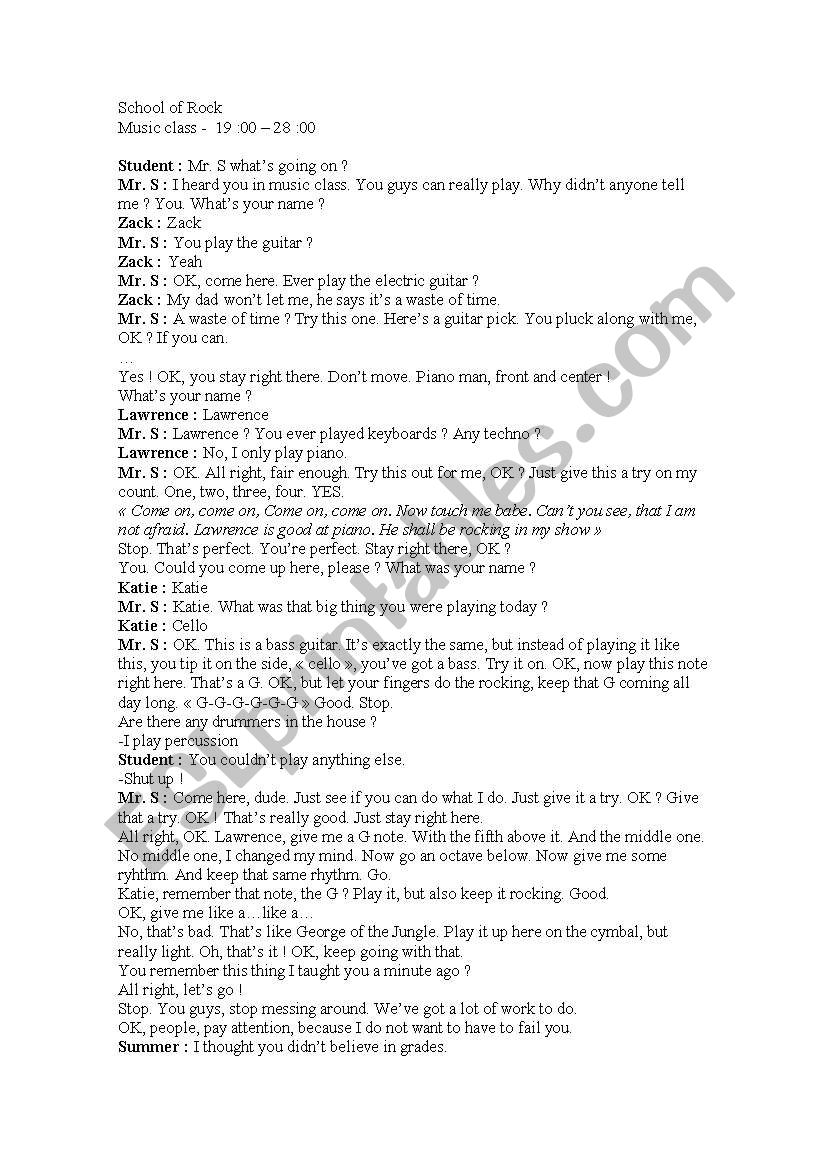 School of Rock Dialogue worksheet