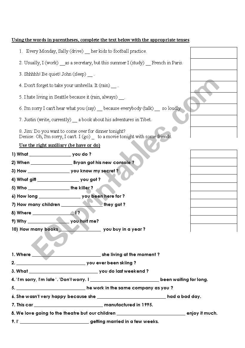 tenses and auxiliaries worksheet
