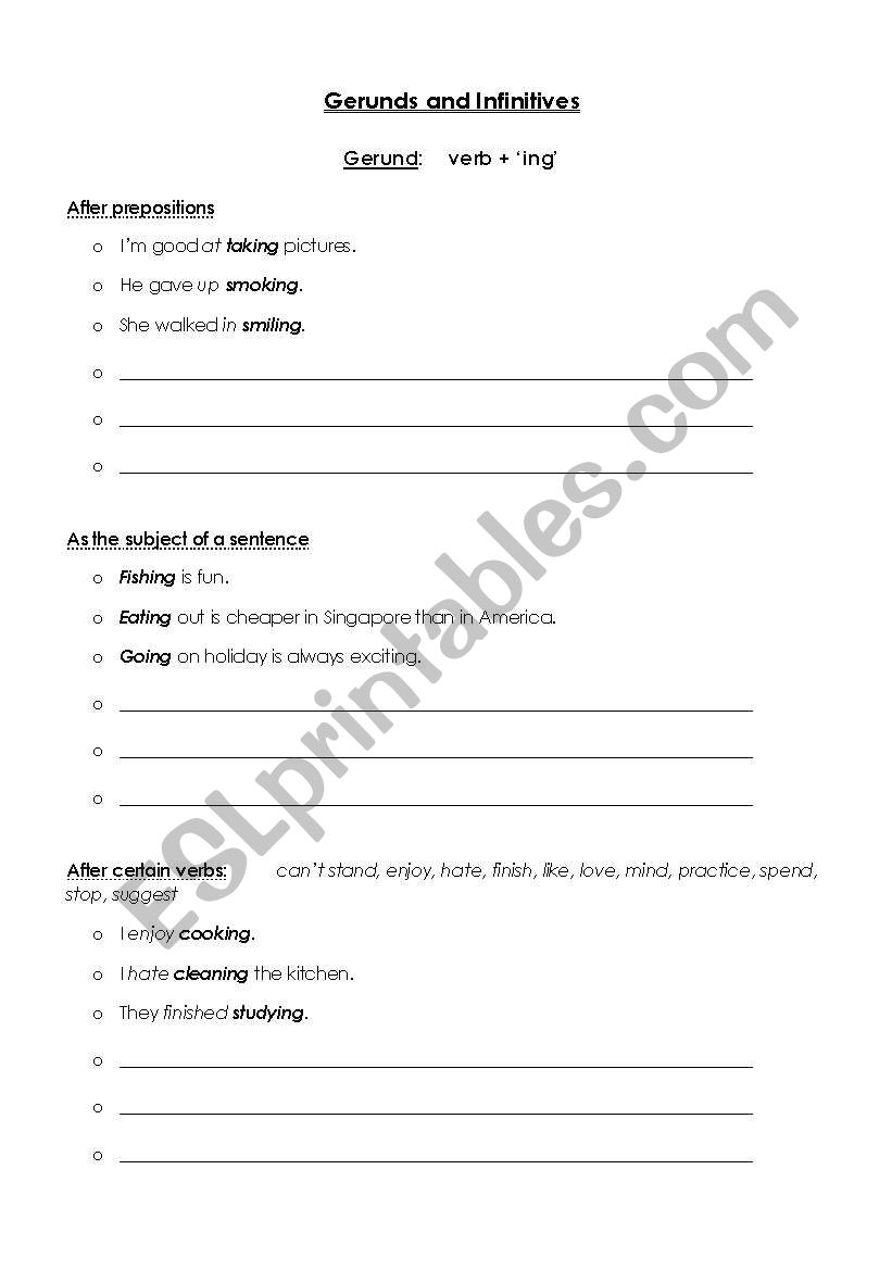 Gerunds and Infinitives worksheet