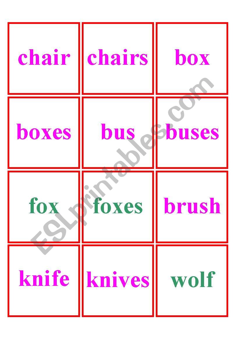 Memory game  plurals worksheet