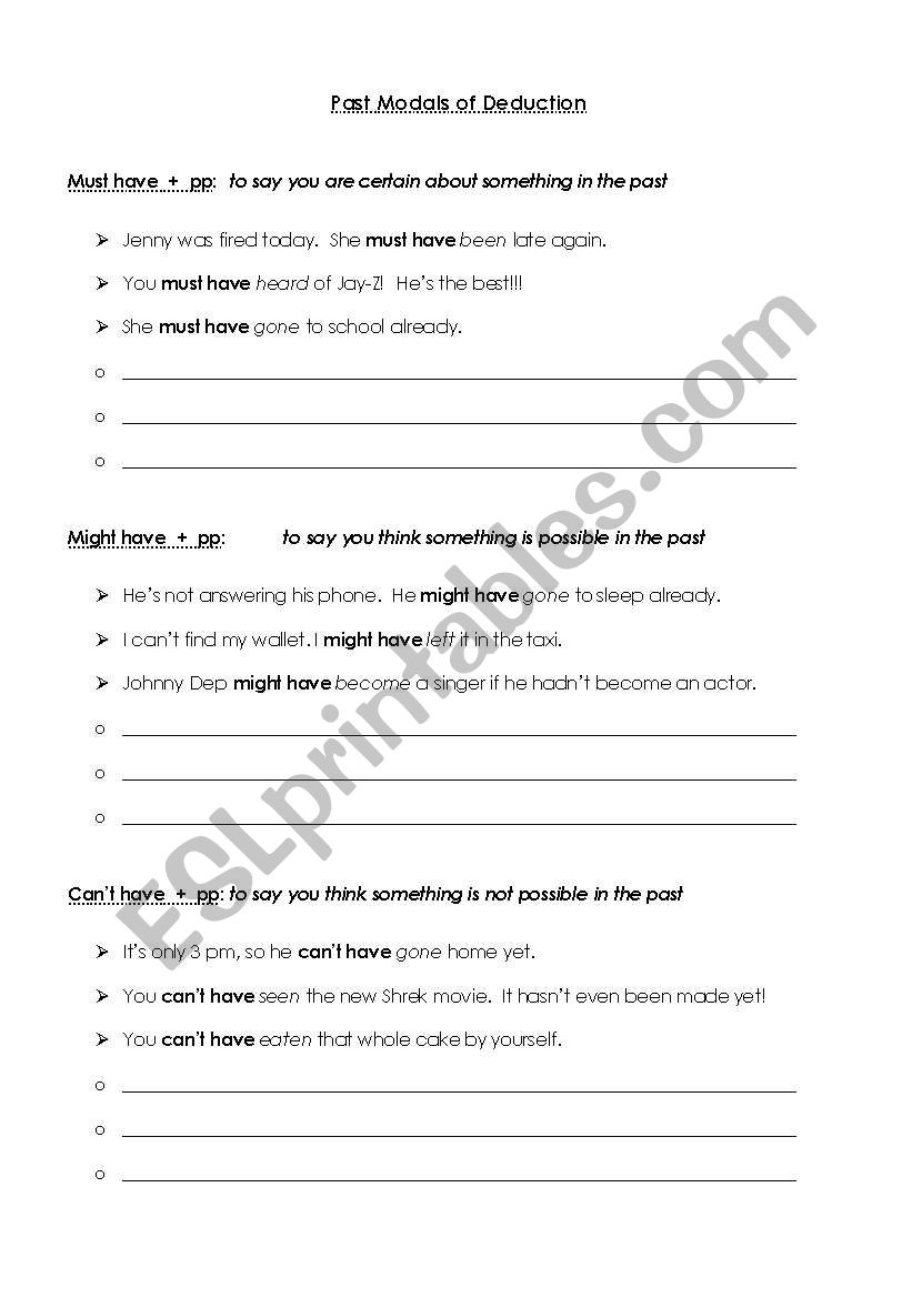 Past Modals of Deduction worksheet