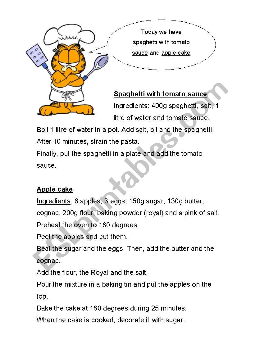 Garfiels recipes worksheet