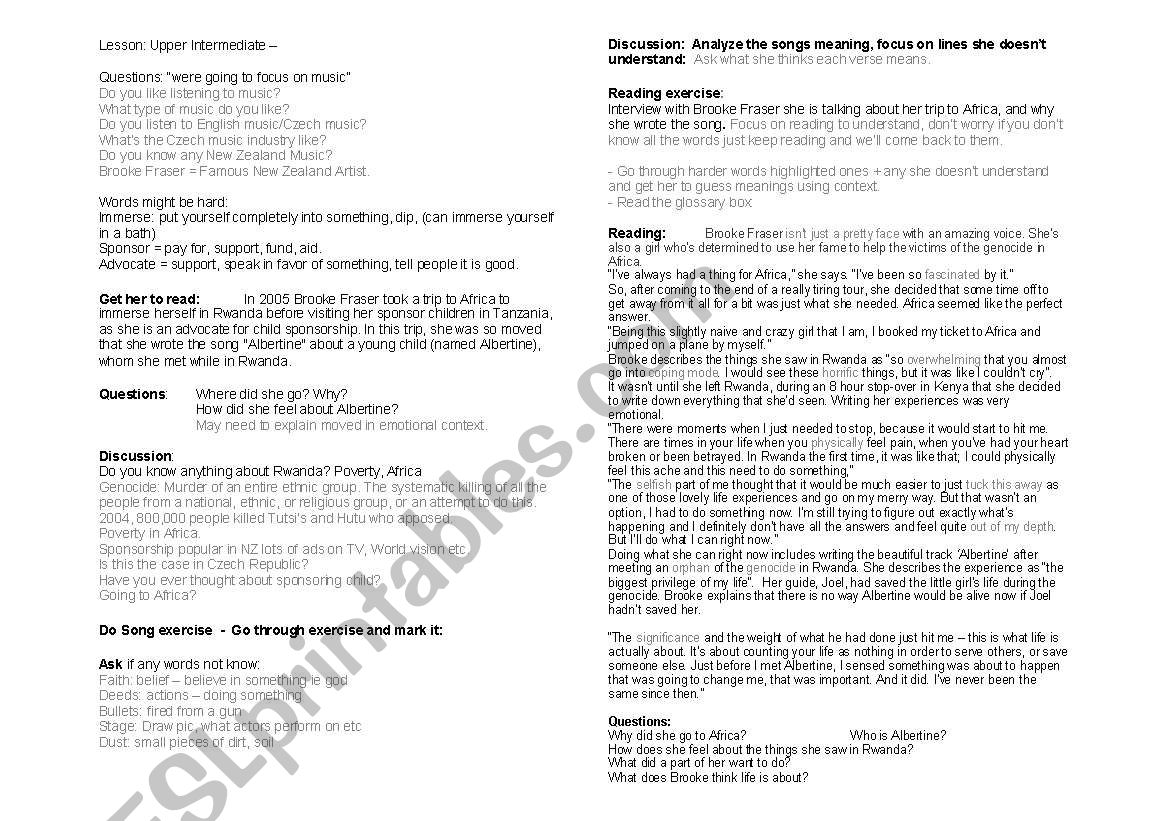 Song - Brooke Frazer worksheet