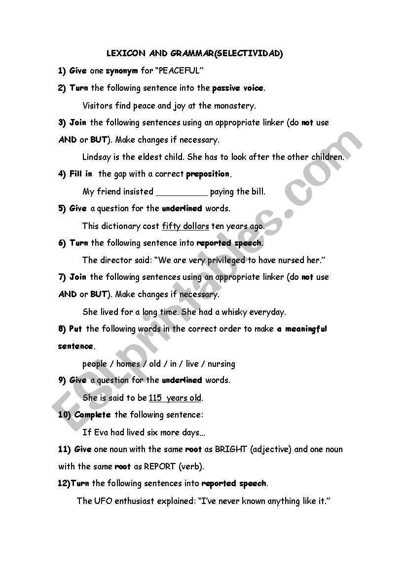 LEXICON AND GRAMMAR(6 pages) (SELECTIVIDAD)