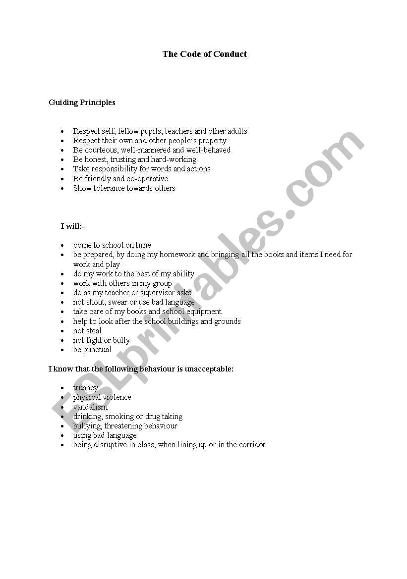 Code of conduct worksheet