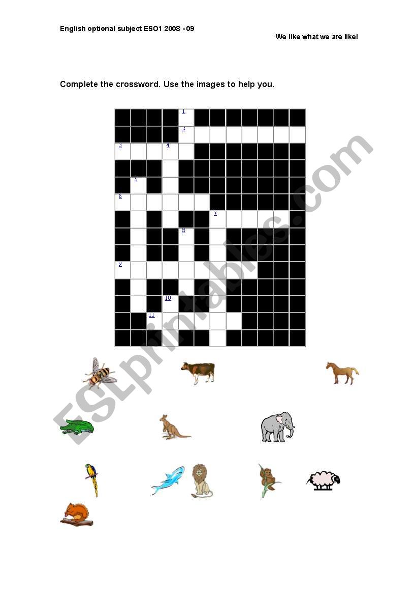 animals crossword worksheet