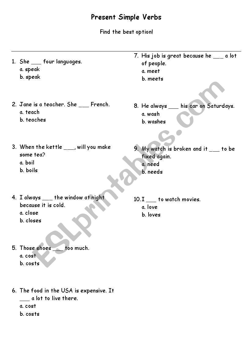 Present Simple Quiz worksheet
