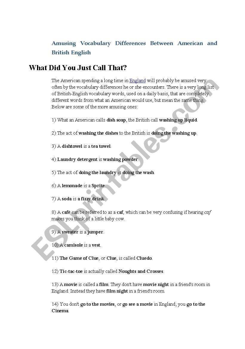 Funny differences worksheet