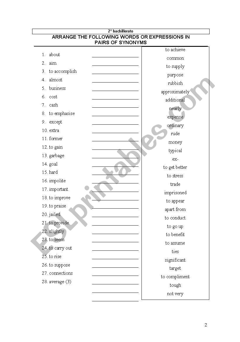 synonyms 2 worksheet