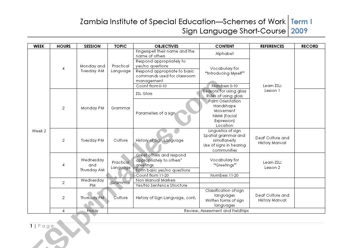 Sign Language Curriculum worksheet