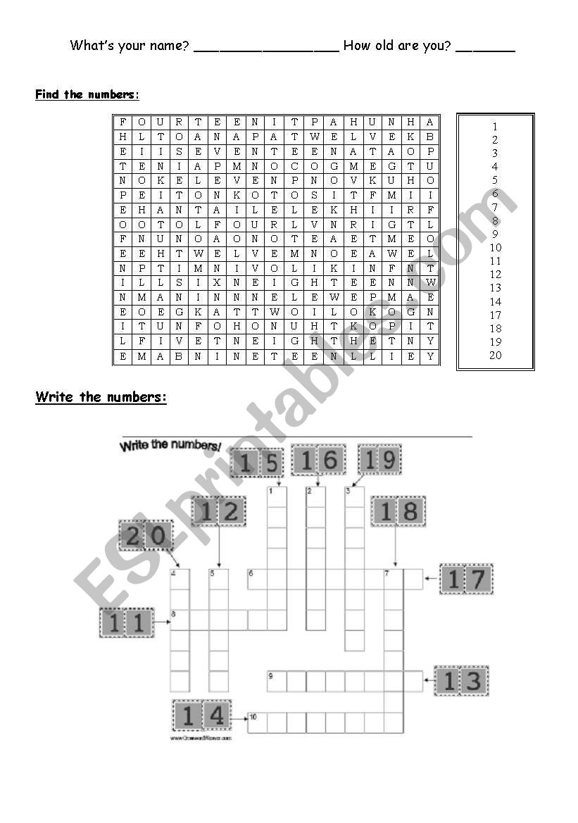 Numbers 1 to 20(part1) worksheet