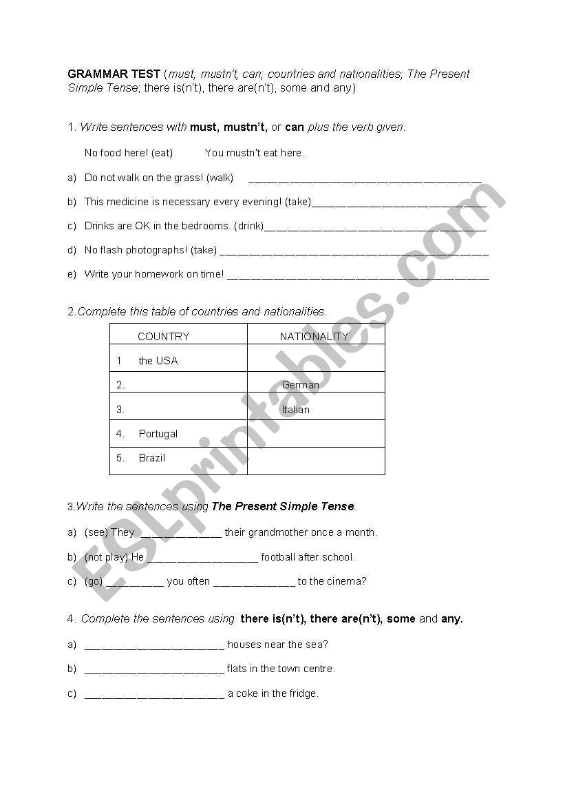 grammar test worksheet