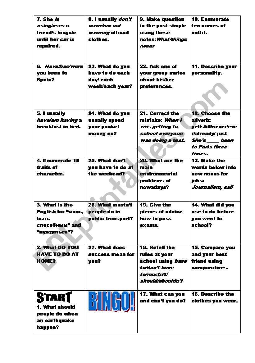 Bingo game worksheet
