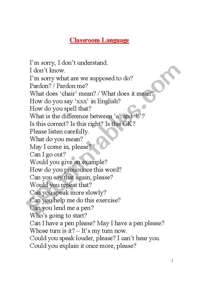 Classroom Language worksheet