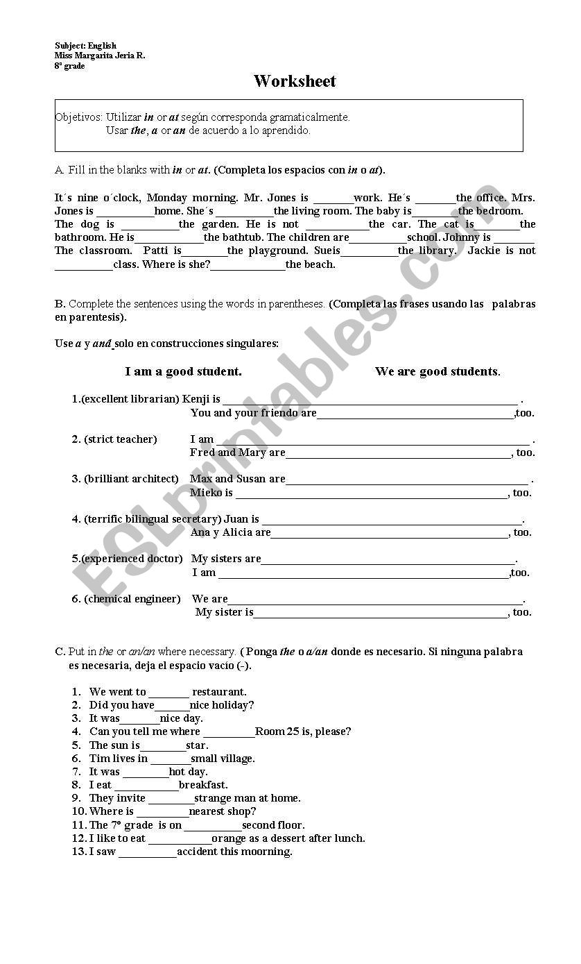 WORKSHEET Use in, at, the , a, an