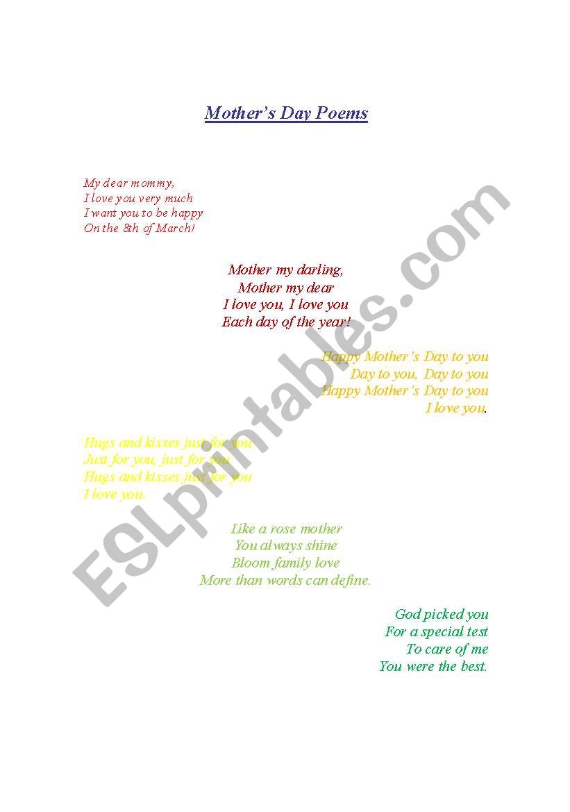 Mothers day poems worksheet