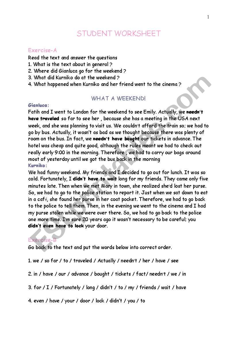 grammar worksheet about NEEDNT HAVE DONE- DIDNT HAVE TO