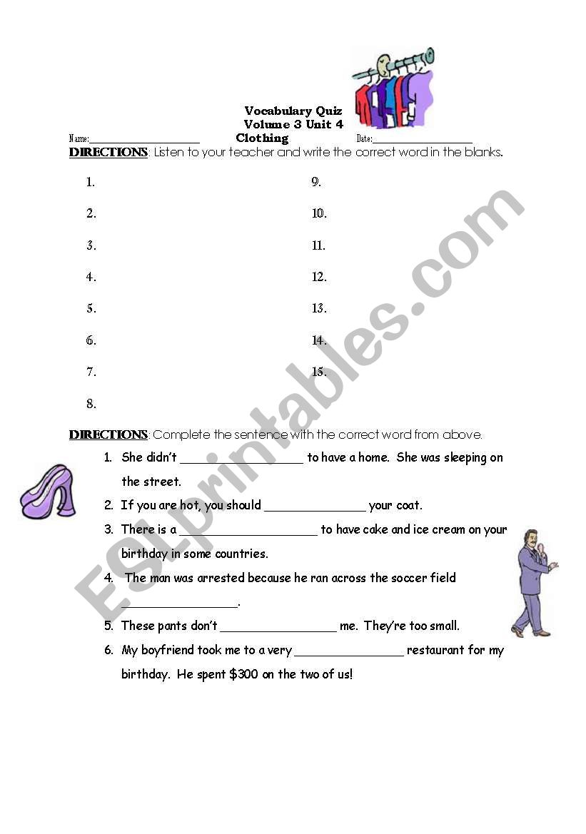 Clothing Vocab Quiz, Dictation and meaning with answer key