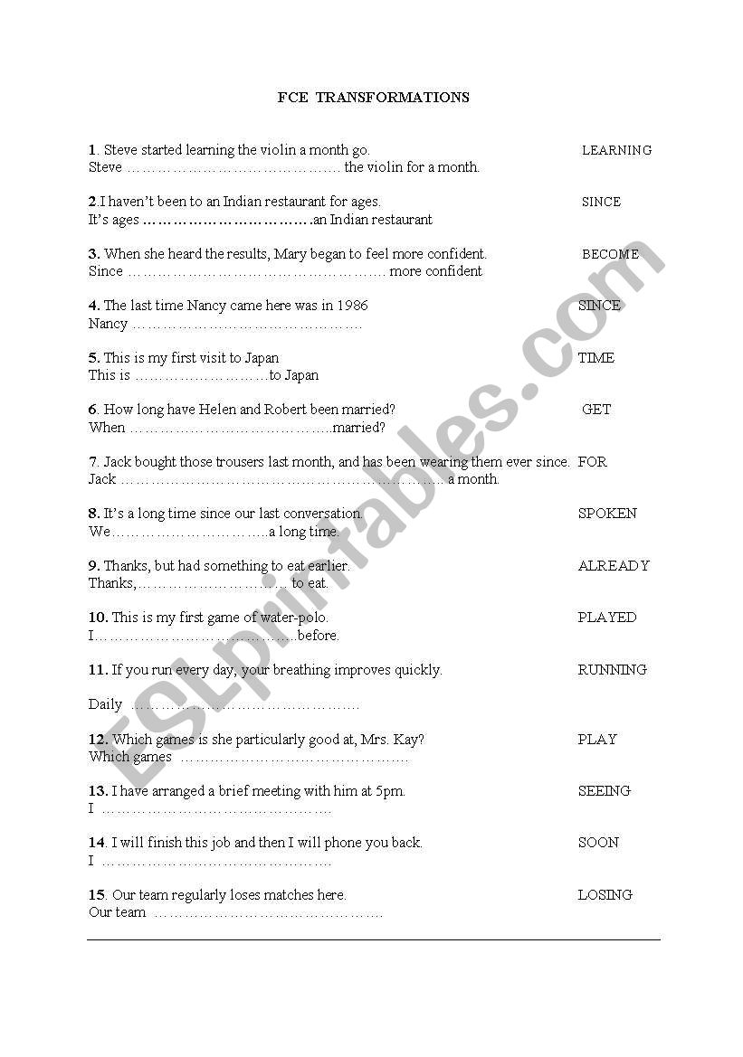 FCE Transformations, part1 worksheet