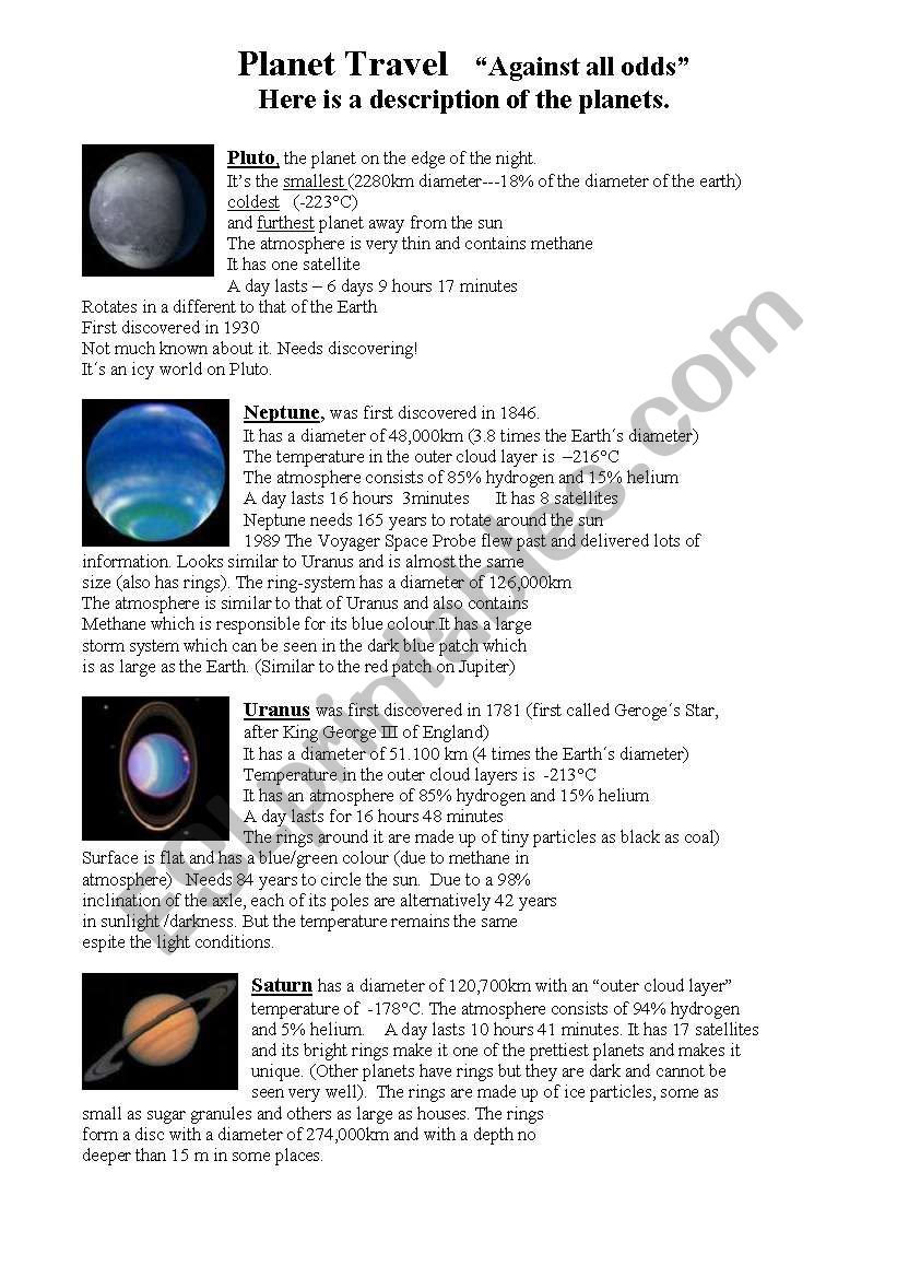 Planet travel worksheet