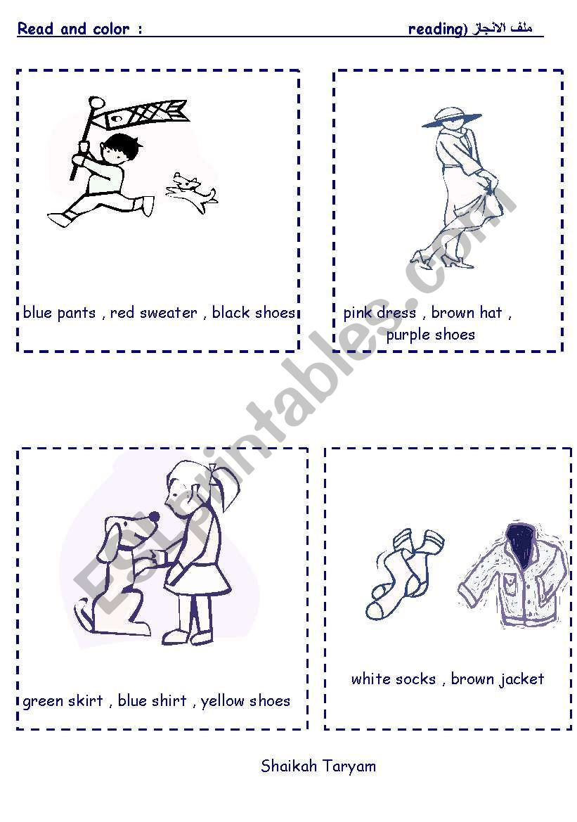 read and color the clothes worksheet