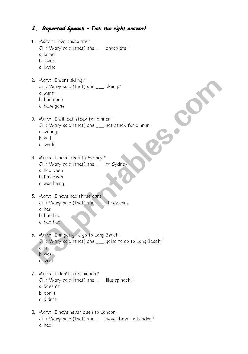 reported speech exercise worksheet