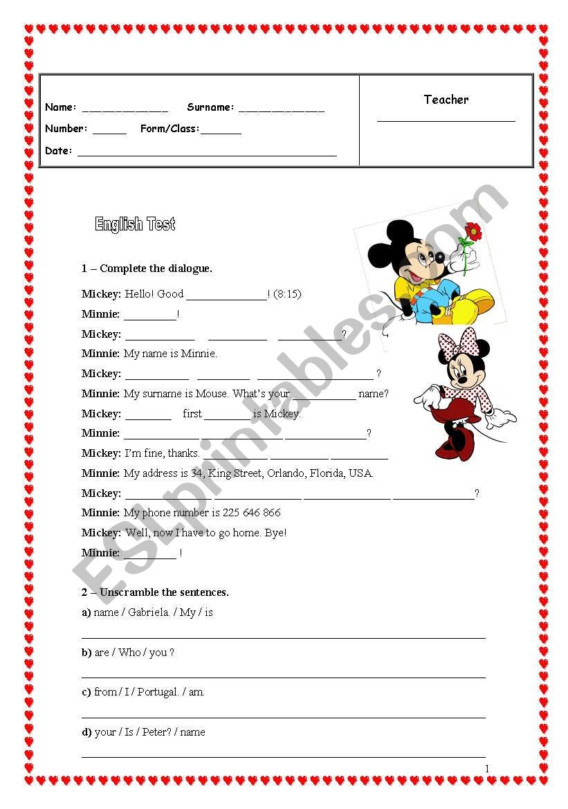 Elementary Test worksheet