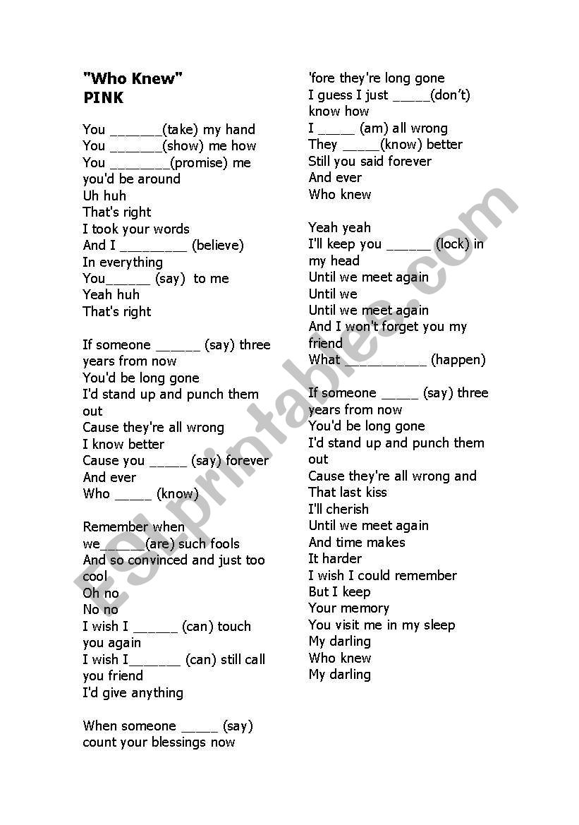 Song Who Knew worksheet