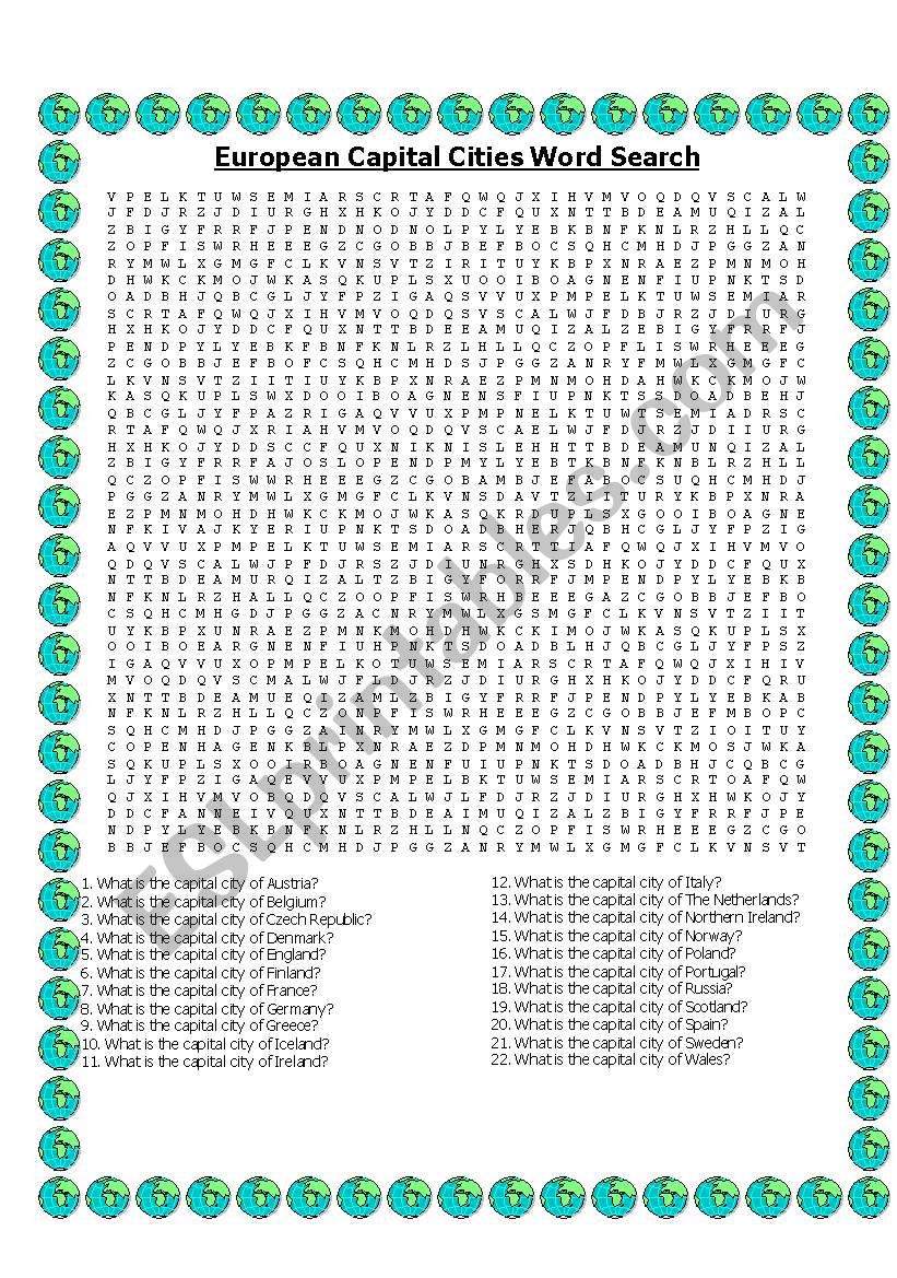 European Cities Wordsearch worksheet