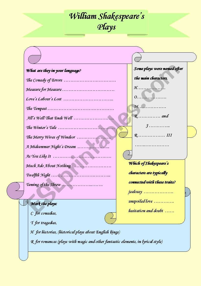 ShakespereÂ´s Plays worksheet