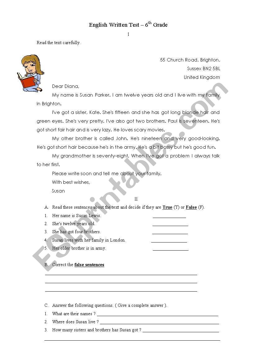 Enhlish Test -6th  worksheet