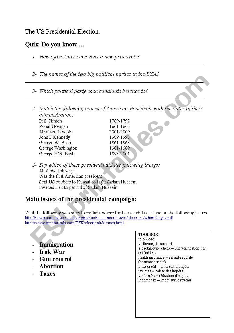 American presidents worksheet