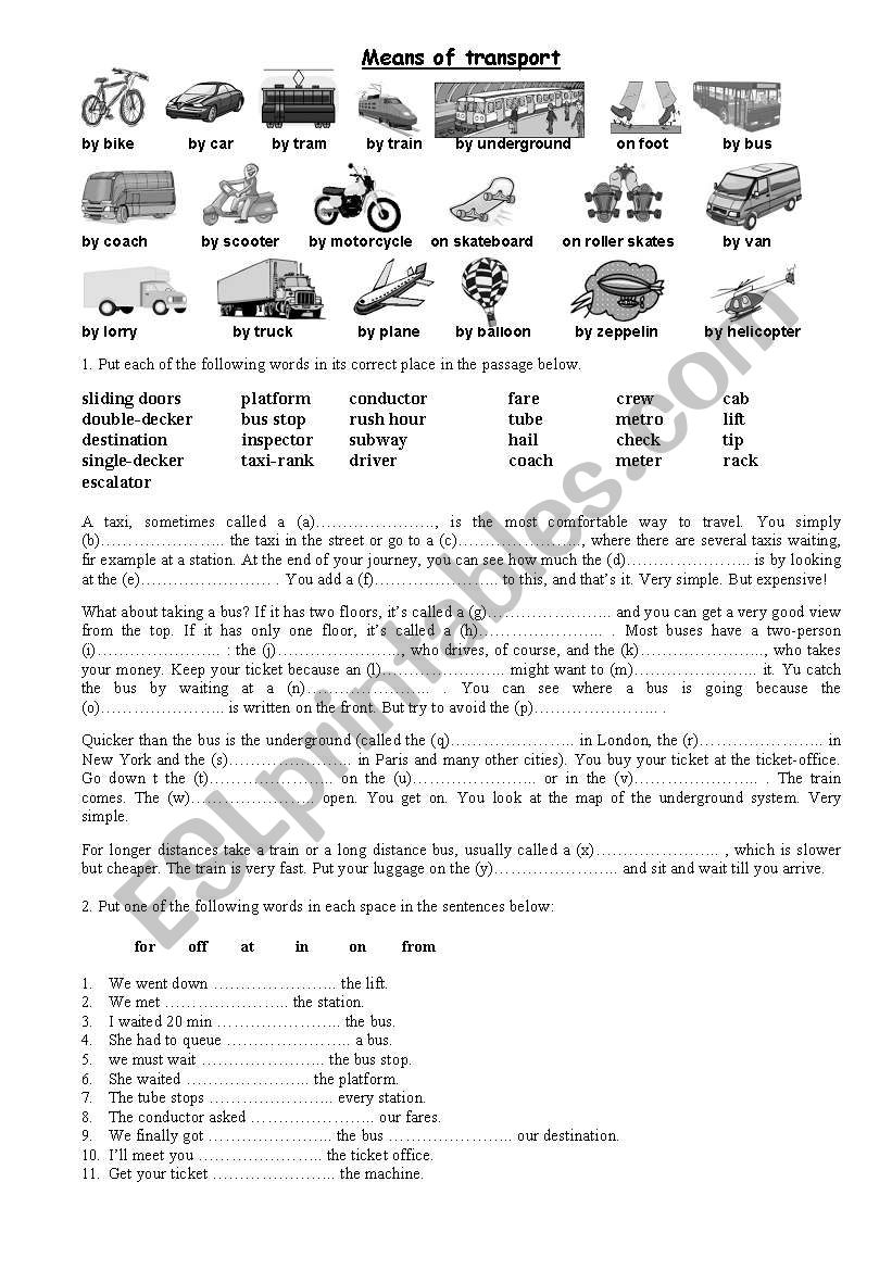 means of transport worksheet