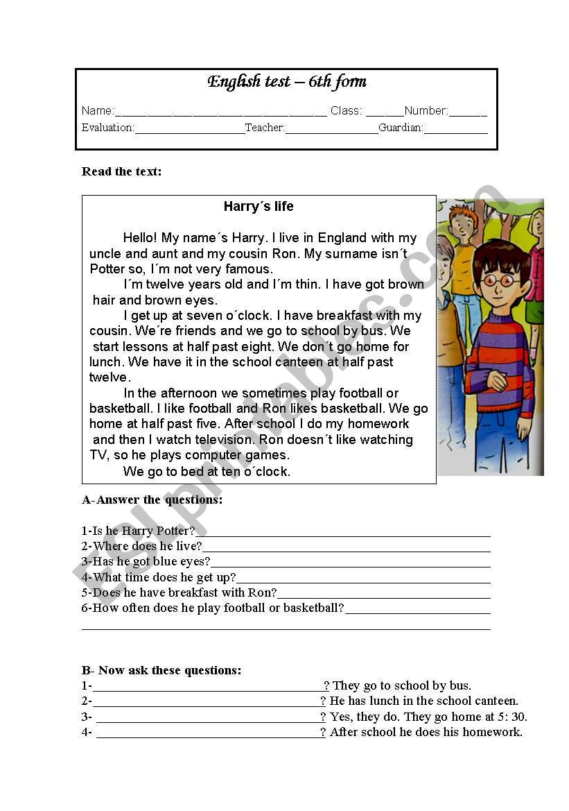 HarryÂ´s life worksheet