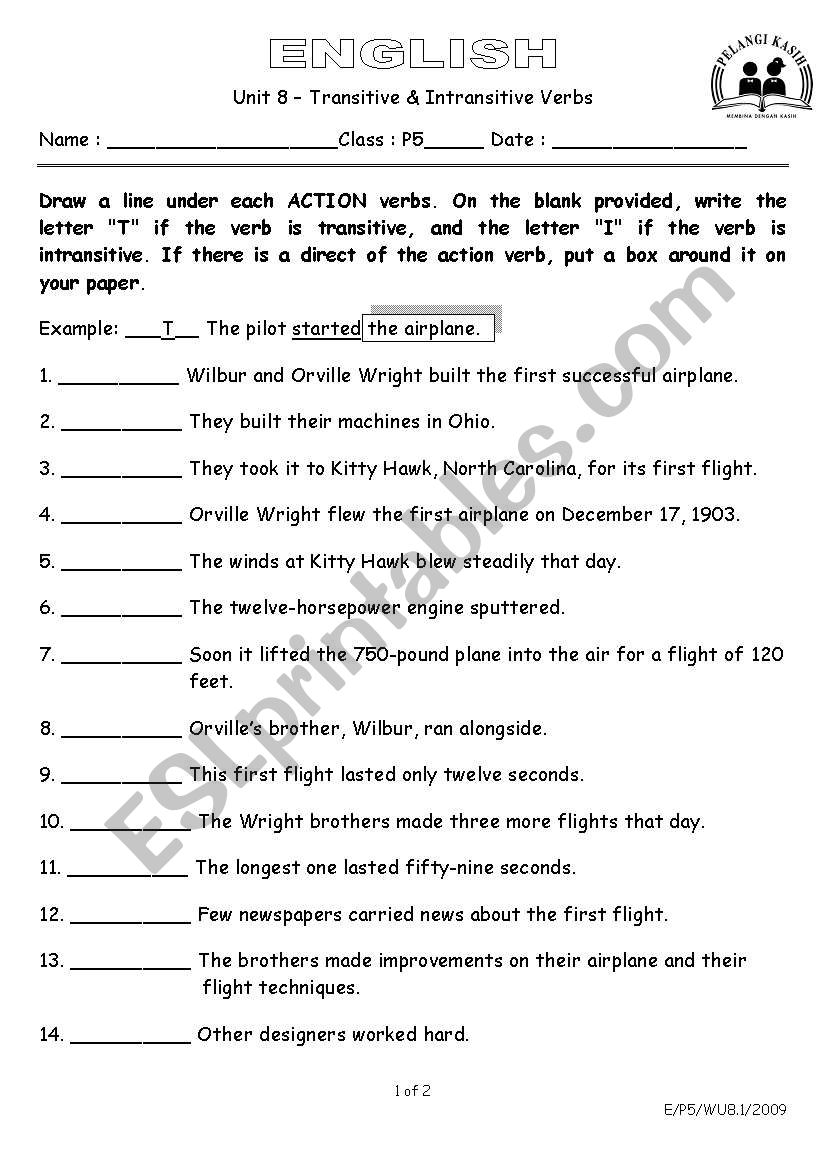 Transitive And Intransitive Verbs Worksheet