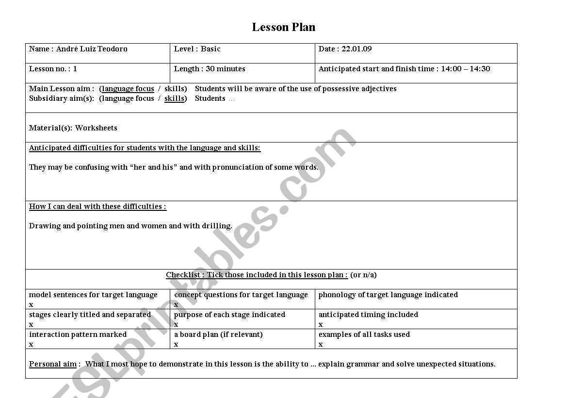 Lesson plan - Possessive Adjectives for starters
