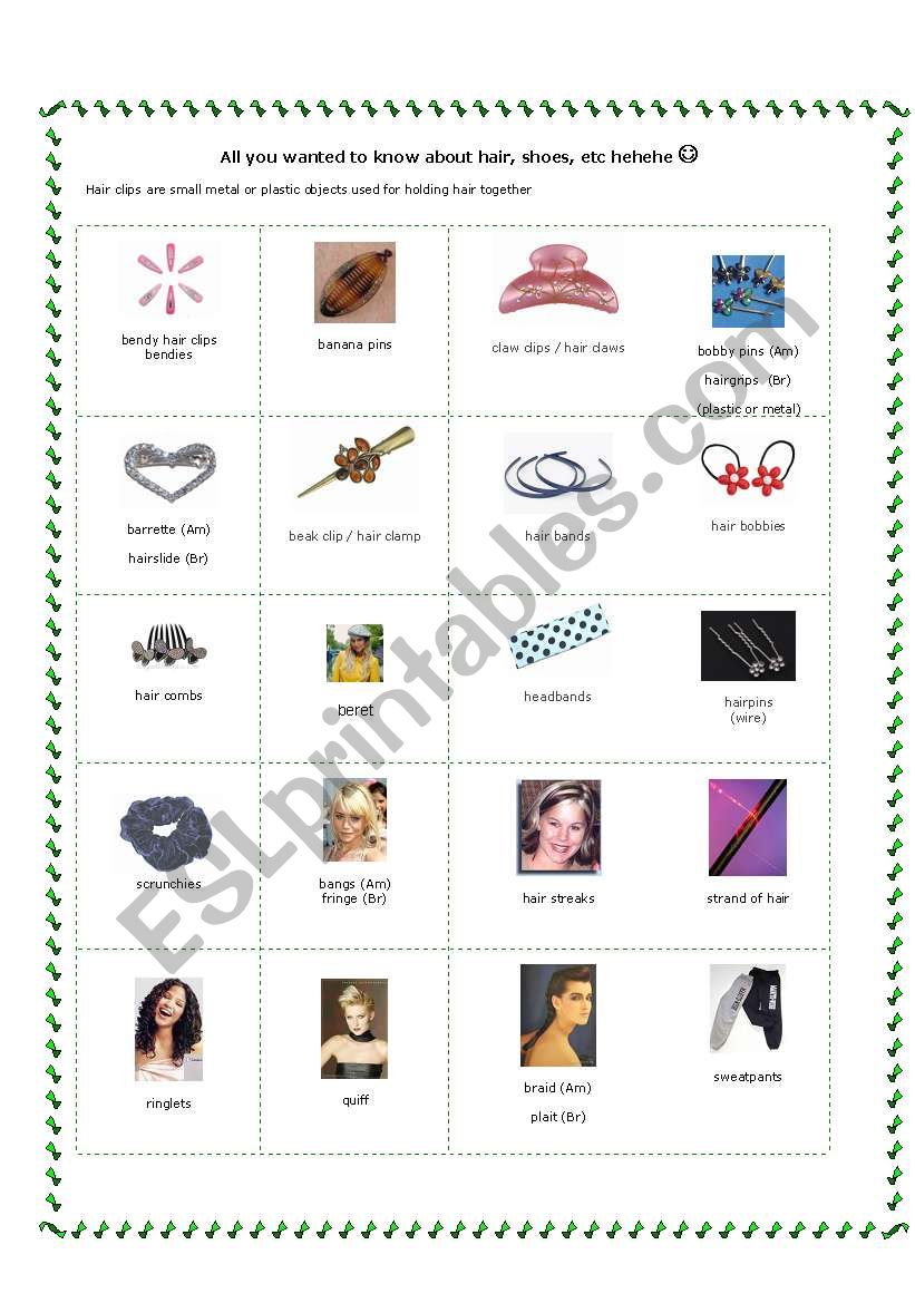 Hair accessories and footwear - picture dictionary