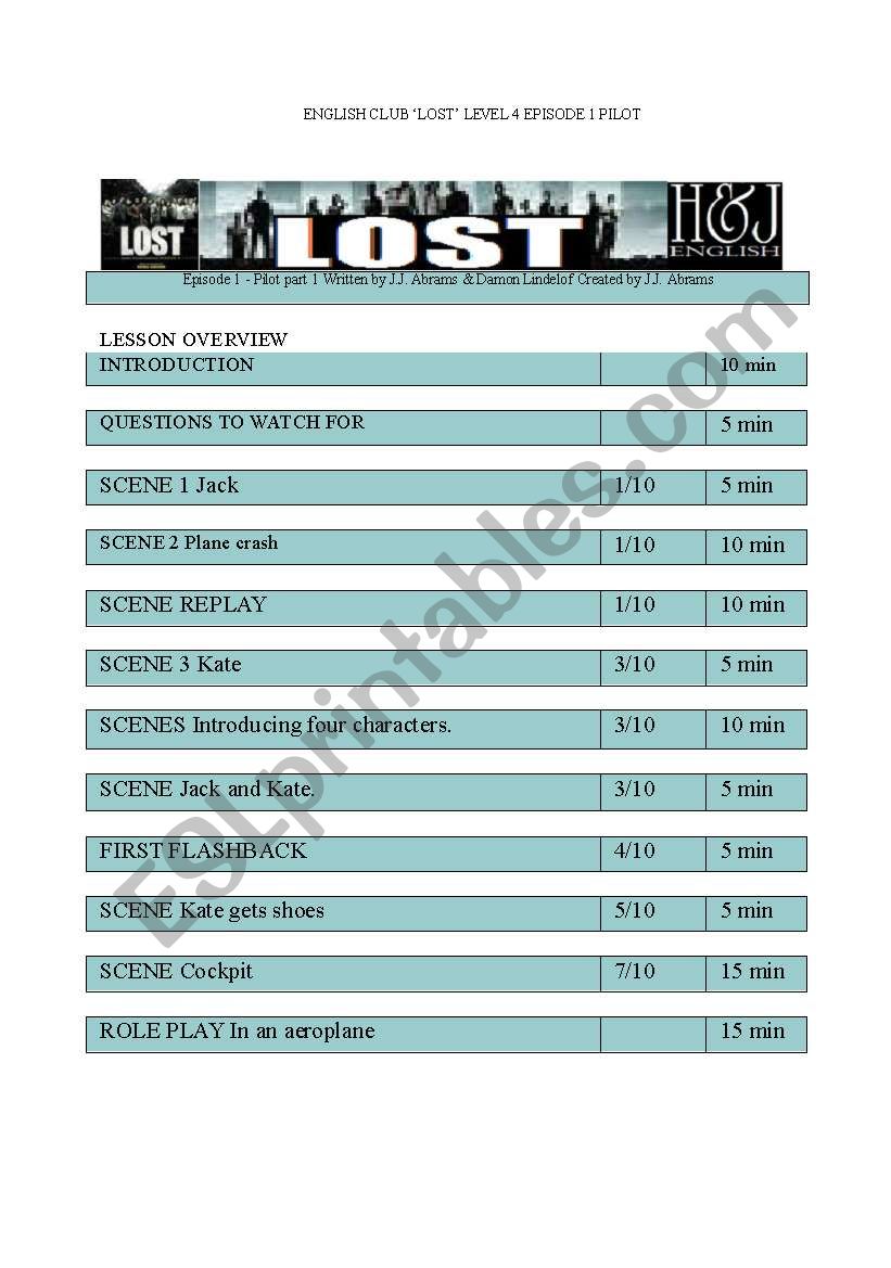 Lost episode 1 Pilot worksheet