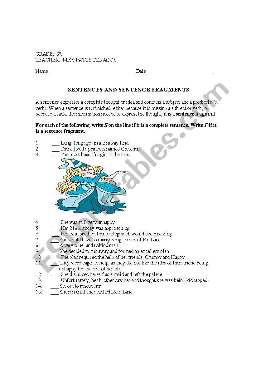 SENTENCE FRAGMENTS worksheet