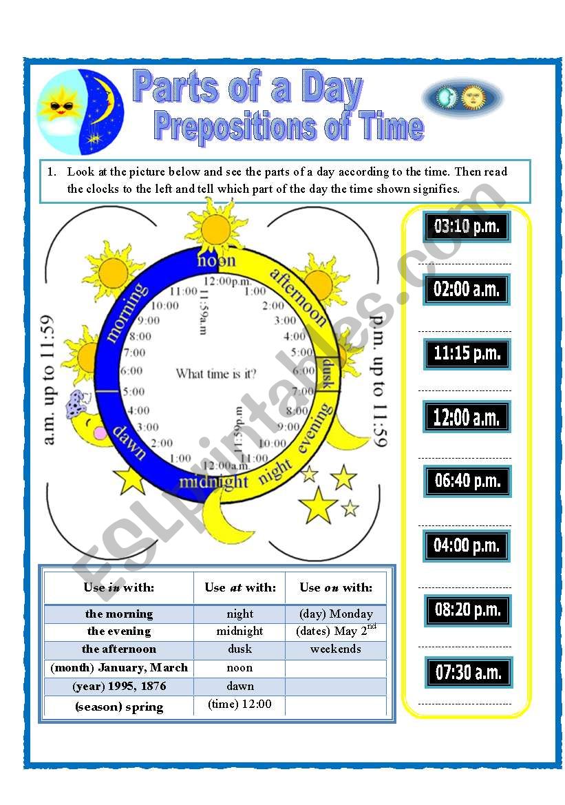 Parts of a Day and Prepositions of Time (on, at, in)