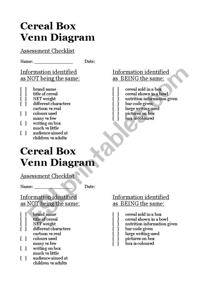 Cereal Box Venn Diagram worksheet