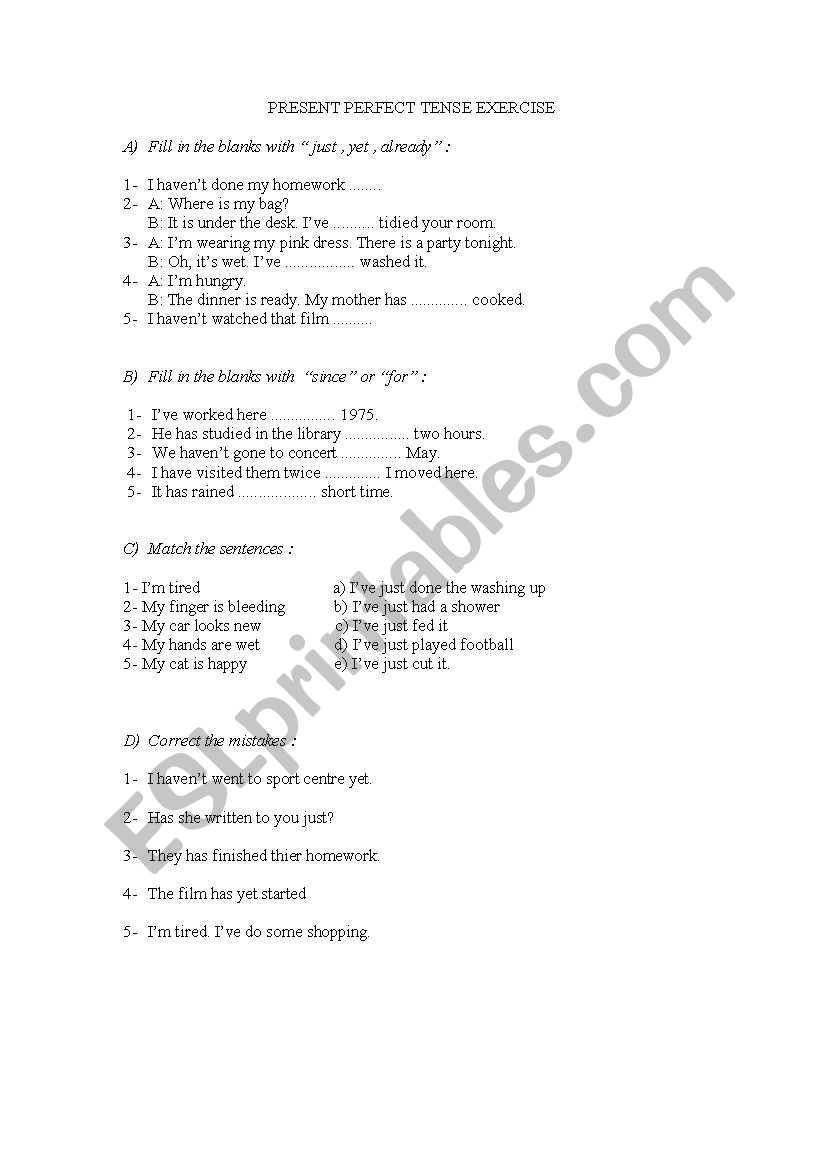 present perfect tense ex. worksheet