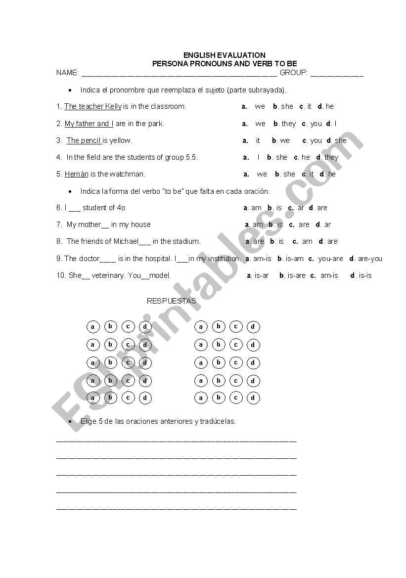 ENGLISH EVALUATION worksheet