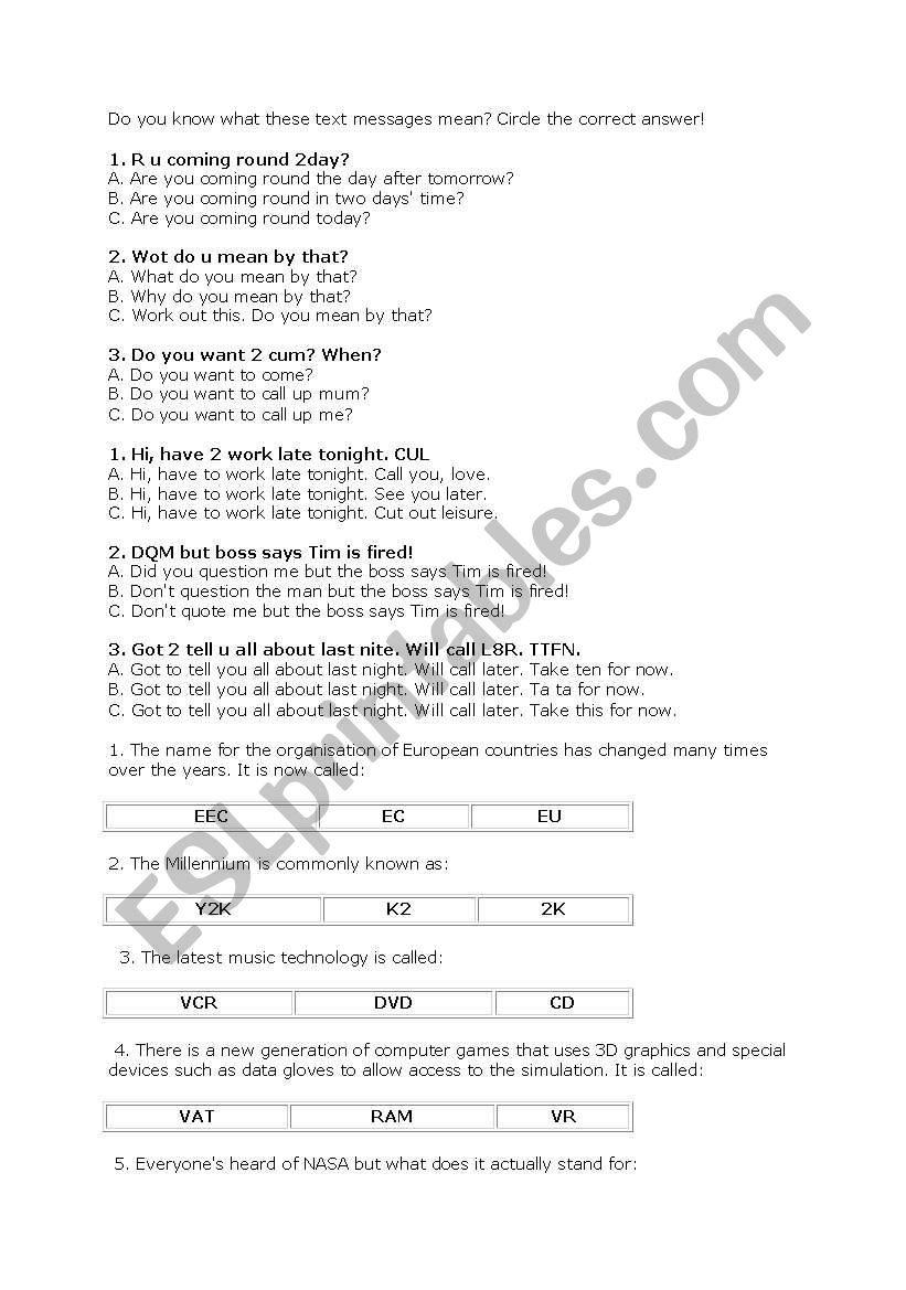 SHORT TEXT MESSAGES worksheet