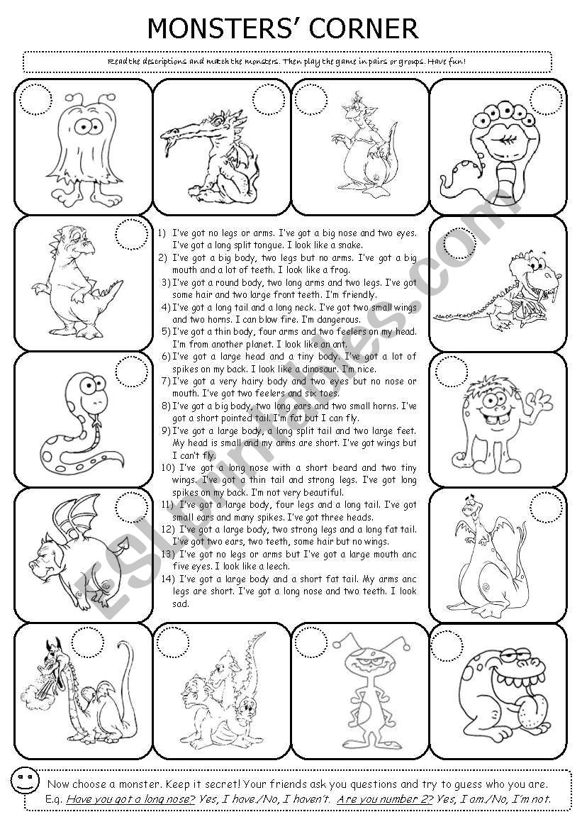 MonstersÂ´ Corner worksheet
