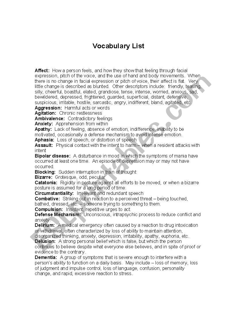 Vocabulary worksheet