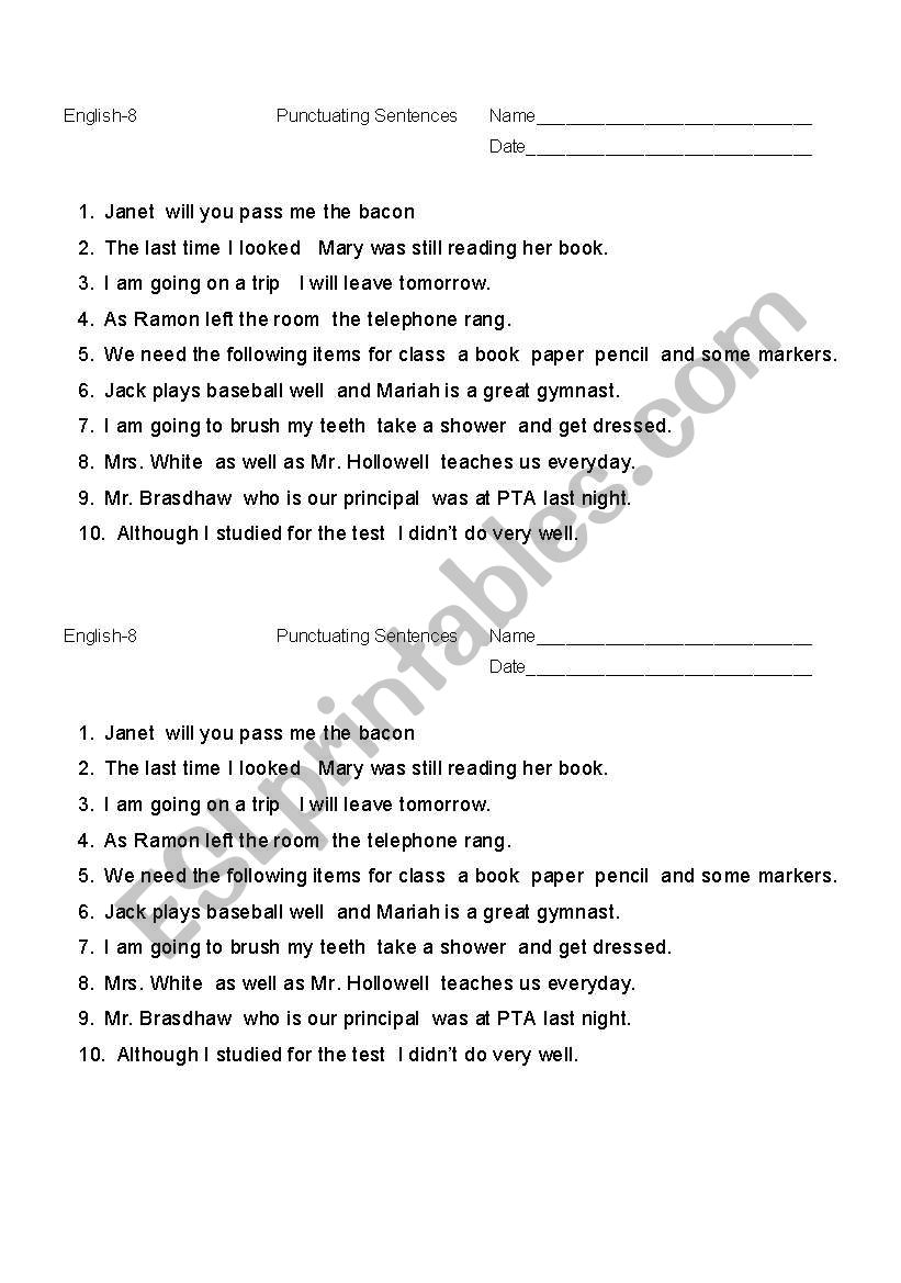 Editing Sentences worksheet