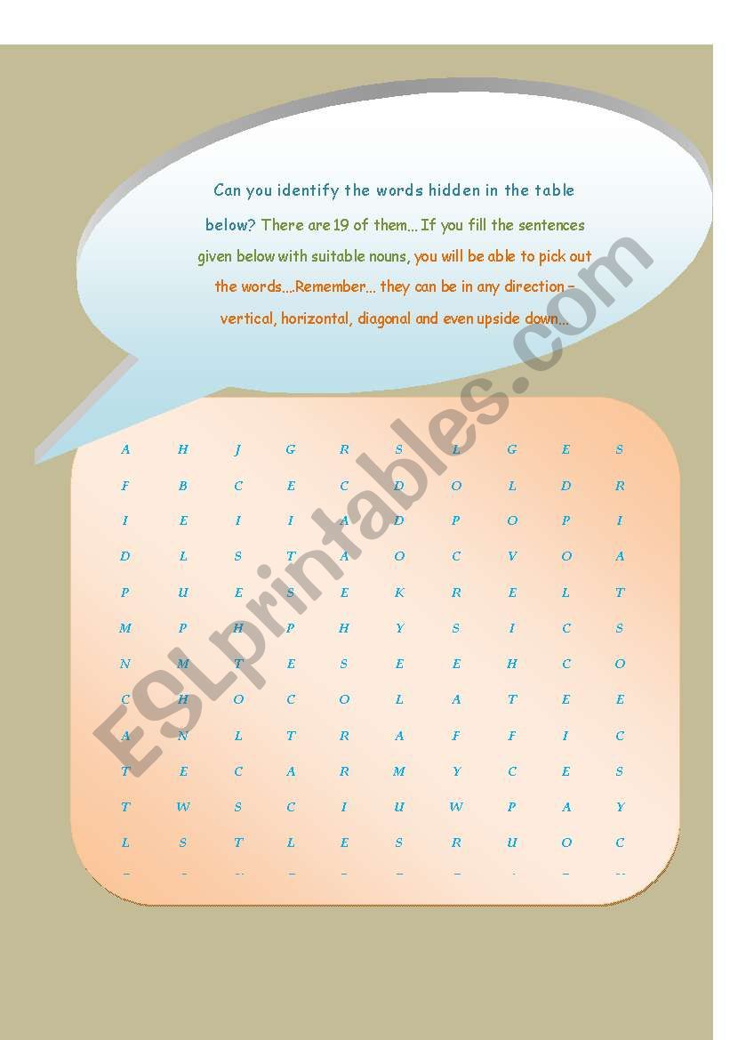 FIND THE HIDDEN NOUNS worksheet