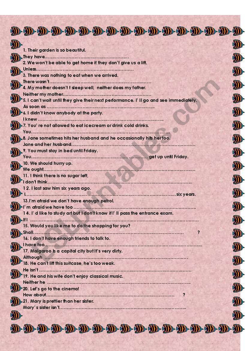 100 rephrase exercises worksheet