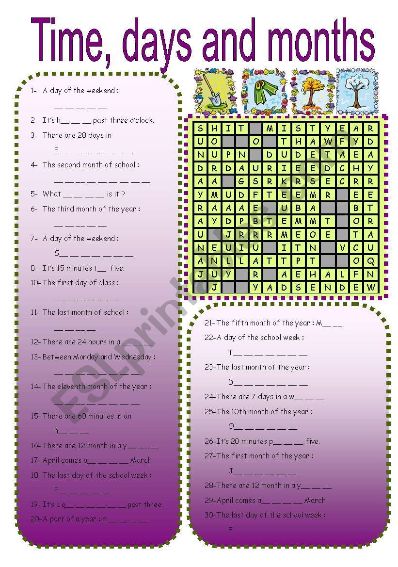 Time, days and months worksheet